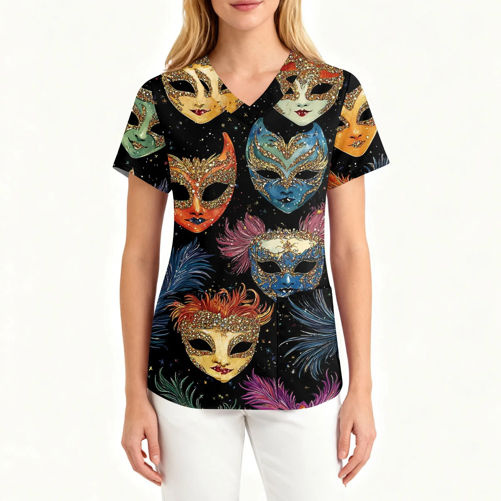 

Carnival Printed V-Neck Protective Workwear Short Sleeved Pocket Side Slit Workwear Top Ladies' Fashion Short Sleeves