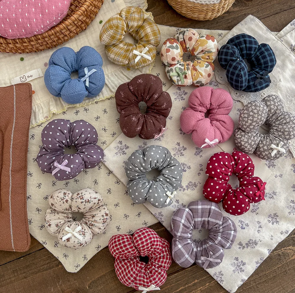 

Эластичная повязка для волос с цветком в Корейском клетку в горошек, держатель для хвоста для девочек, резинка, детская веревка для волос, галстук, детские аксессуары для волос