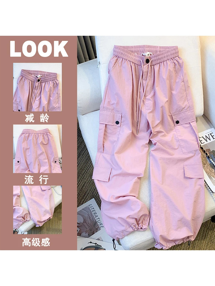 

Women's Pink Cargo Pants Vintage Y2k Aesthetic Harajuku Oversize Pants Streetwear High Waist Baggy Trousers 2000s Trashy Clothes