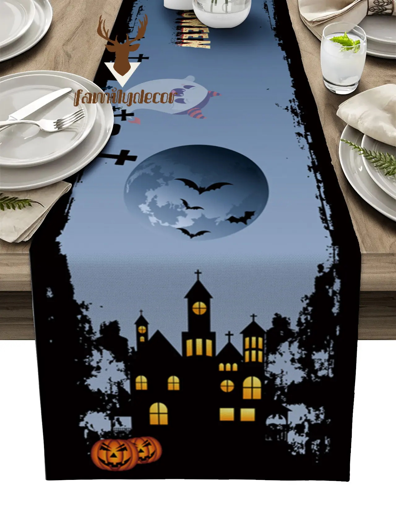 

Table Decor Table Runner Halloween Pumpkin Castle Pattern Coffee Table Cover Cloth Wedding Party Restaurant Table Runner