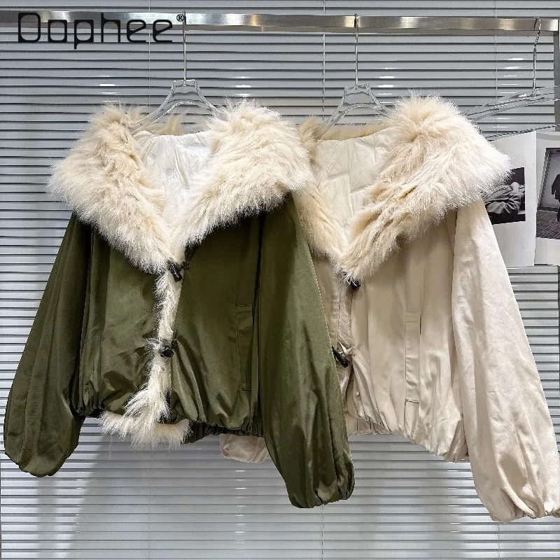 

Fox Fur Collar Horn Button Down Liner Jacket Women Winter New Korean Chic Trendy Solid Color Loose Slimming Short Down Jacket