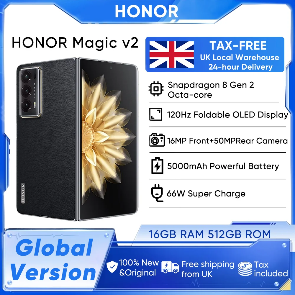 HONOR Magic V2 Global Version 5G Smartphone Snapdragon 8 Gen 2 7.92" 120Hz Foldable OLED Display 50MP Rear Cameras 5000mAh 66W