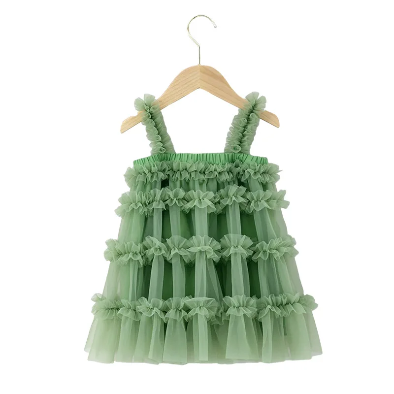 Summer Pretty Princess Vest Dress for Girls Solid Sling Halloween Costume Tulle Mesh Tutu Dresses Kids Party Princess Dress