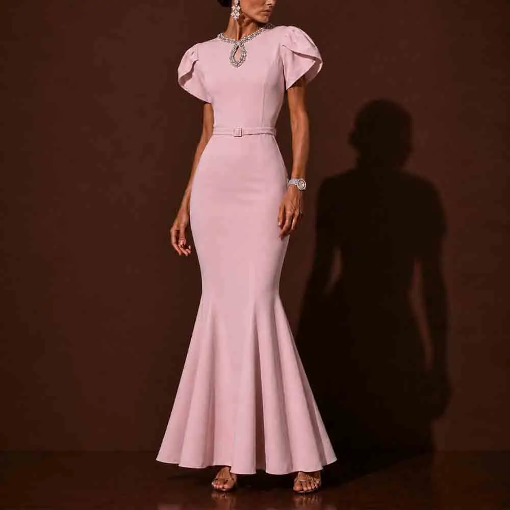 

Customized Pink Mermaid Prom Dress with Bloomed Sleeve O Neck Fit Evening Party Gown Beaded Detail Wedding Guest Outfit