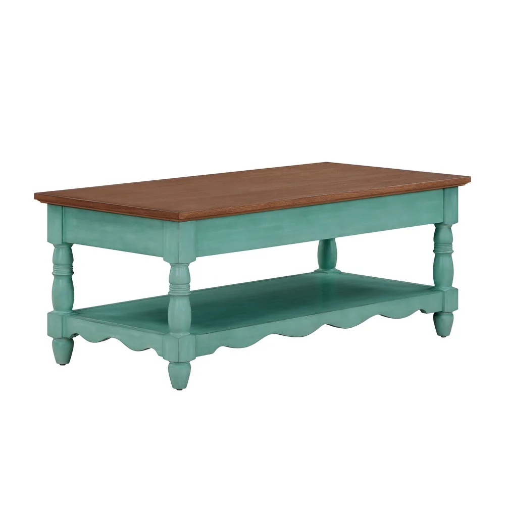 Solid Wood Coffee Table with Spacious Storage Shelf and Drawers Living Room Indoor Use Teal Finish Rectangle Design