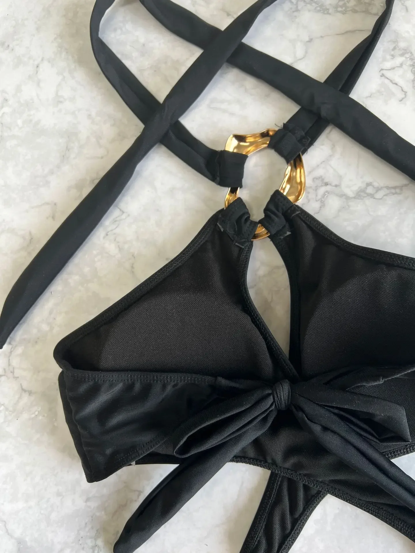 เซ็กซี่สีดําแหวนบิกินี่ One Piece Cross Hollow High เอวชุดว่ายน้ํา Biquini Back Tie ชุดว่ายน้ําผู้หญิงชายหาด Monokini Beachwear