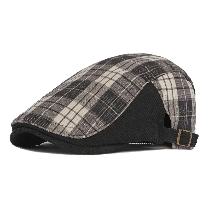 Four Seasons Cotton Plaid Print Thicken Newsboy Caps Flat Peaked Cap Men and Women Painter Beret Hats 03