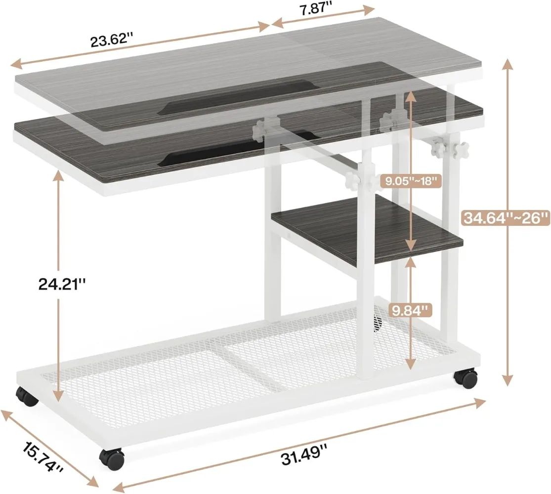 Height Adjustable C Table with Wheels, Mobile Couch Snack Side Table with Tiltable Drawing Board, Sofa Bedside Laptop