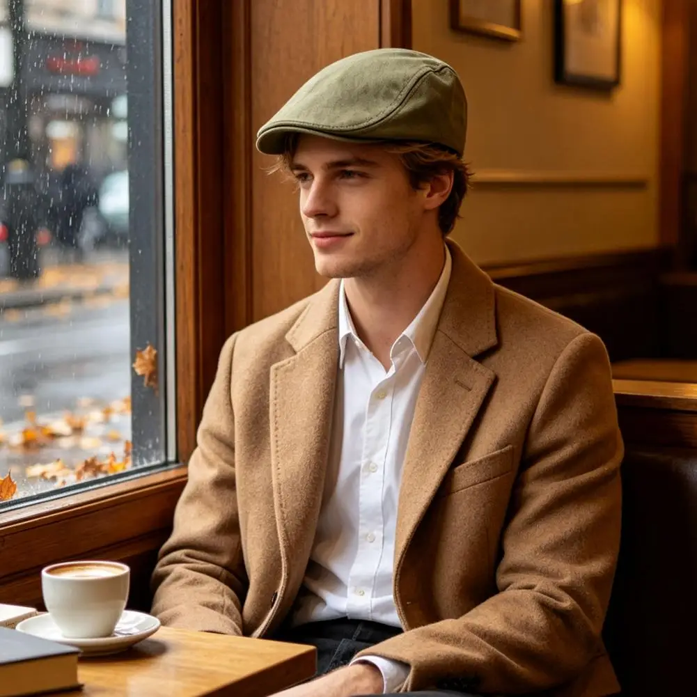 Men Woolen Newsboy Flat Cap Soft Fitted Driving Cabbie Hat Retro Style Peaked Cap for Spring And Autumn Casual Daily Wear