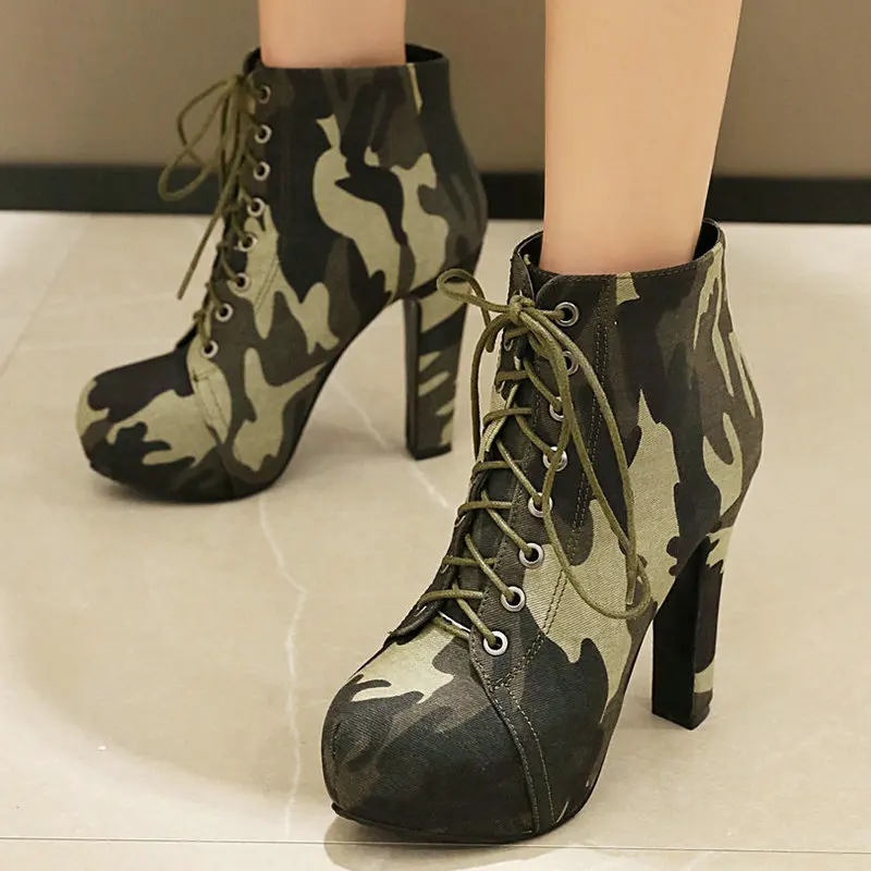 Camouflage Camo Army Green Lace-up Round Toe Hidden Platform Mature Women Pumps Shoes Lace-up Thick High Heels Ankle Short Boots