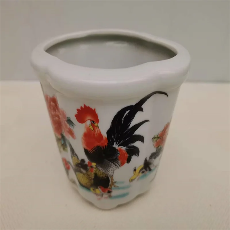 

China old Porcelain Flower Pot white Pink Big rooster little chick Patterned Indoor Outdoor Plant Pot