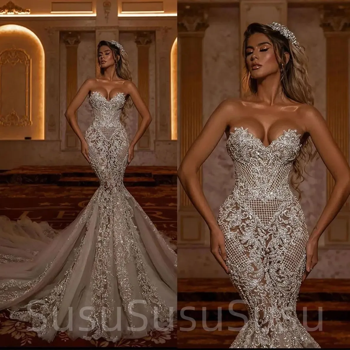 

2023 Sexy Mermaid Wedding Dress Sweetheart Strapless Sequined Lace Court Train Floor Trumpet Bridal Prom Gowns Robe De Soirée