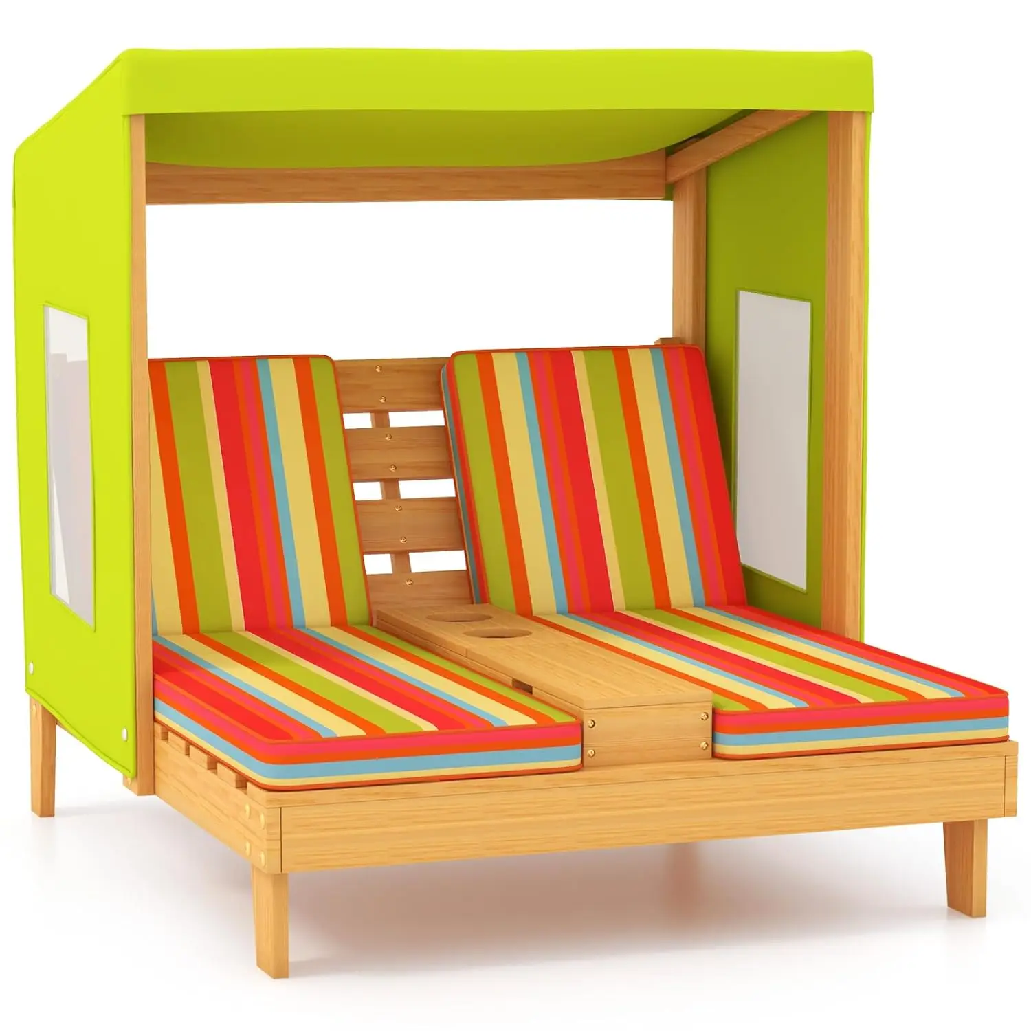 Sillón Chaise Longue para Niños, Sillas Dobles de Madera para Piscina con Toldo, Portavasos, Desmontables, Personalizables