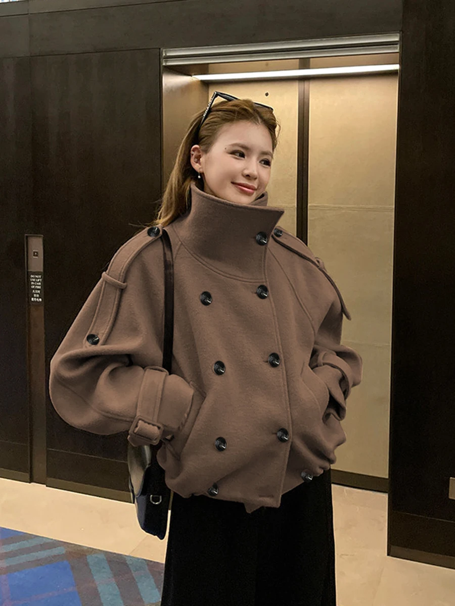 

Двубортное шерстяное пальто женское с воротником-стойкой, зимнее, новинка, в стиле Old Money, однотонное, длинное