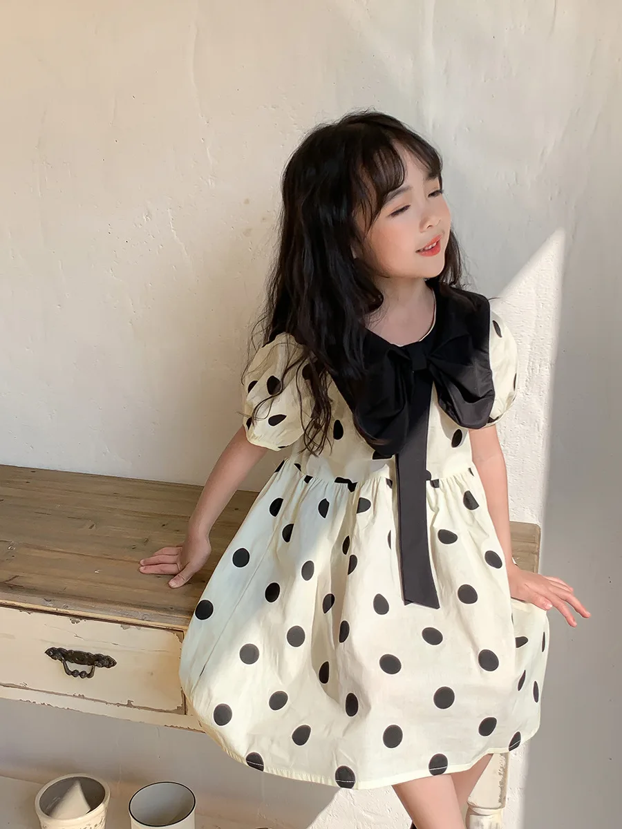 New Children's Dresses Korean Polka Dot Lantern Sleeve Girls Temperament Dress Senior Sense of College Style Princess Skirt