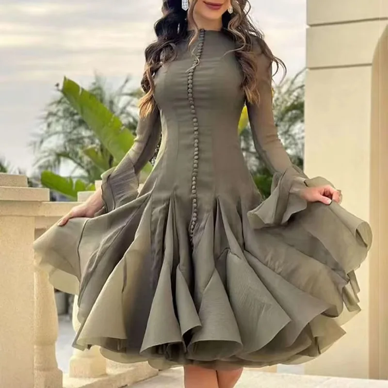 

French Elegance Style Round Neck Patchwork Ruffles Midi Skirt 2025 Flare Sleeves Long Sexy Mermaid Party Dress Women Pink