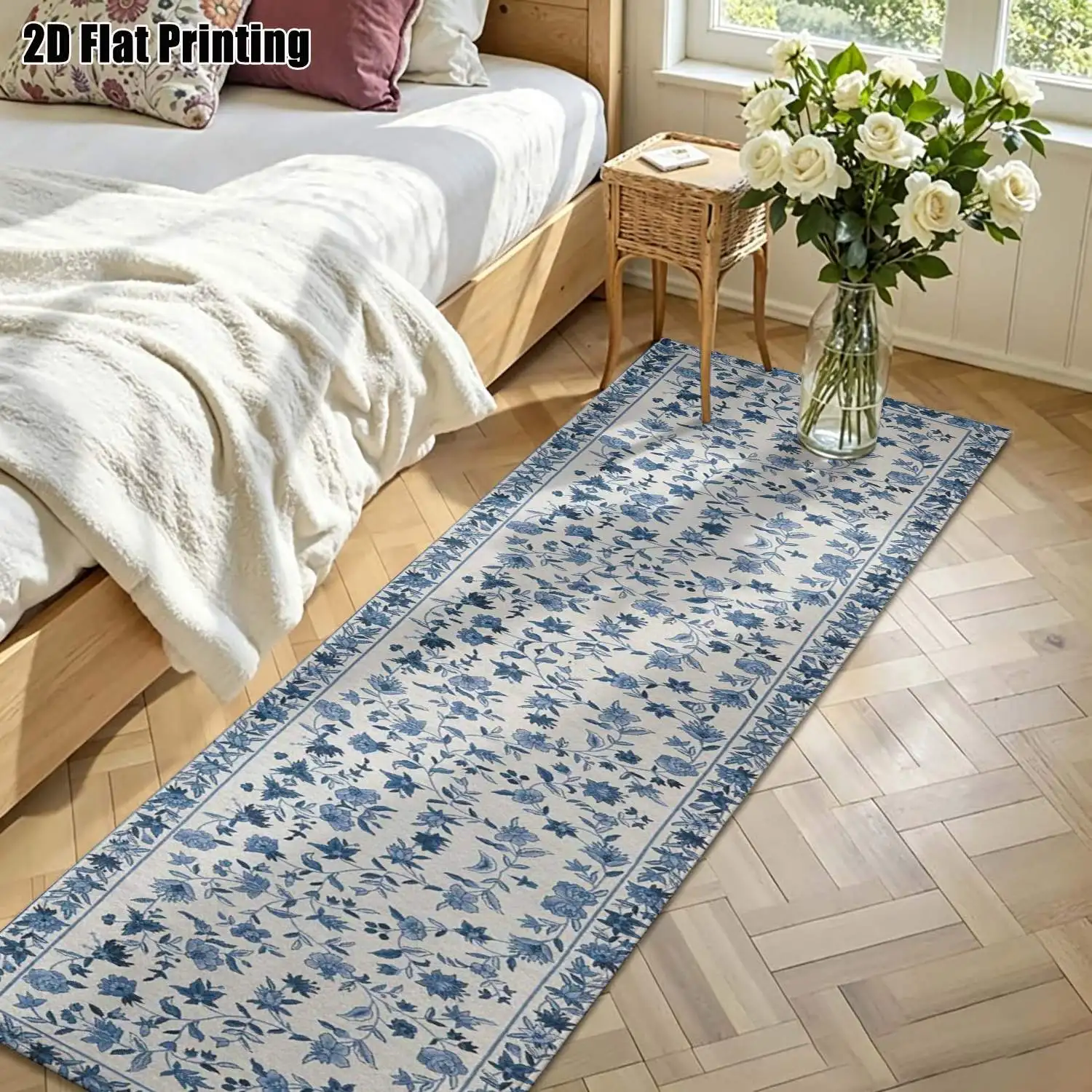 1Pc 2D Printed Blue-White Floral Long Strip Runner Carpet Nordic/Instagram/Modern Minimalist/European Style, Home Decor, Multi-Size, Machine Washable, Ideal for Corridor, Entrance, Living Room, Bedroom.