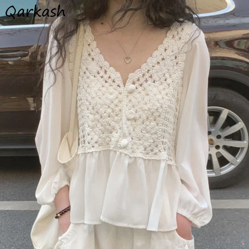 

Sunscreen Blouses Women Hollow Out Elegant Summer Breathable Baggy Aesthetic Lady All-match Clothing Daily See-through New