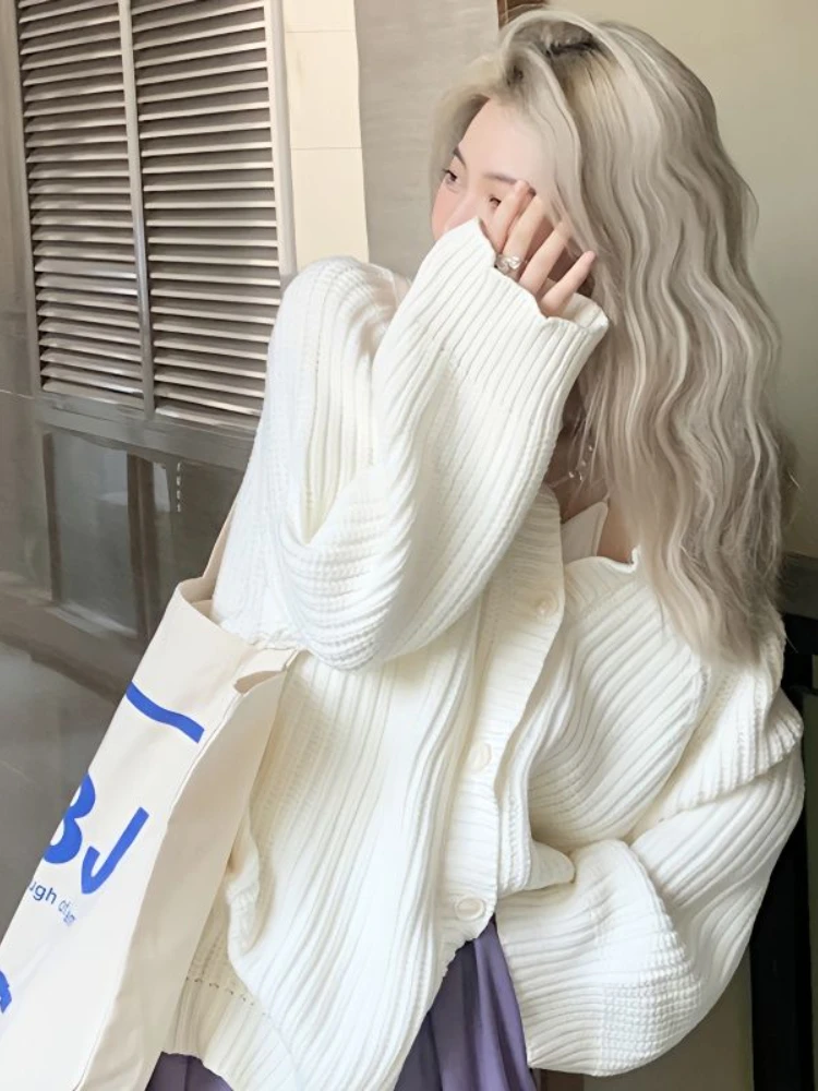 Deeptown Harajuku White Knitted Cardigan Women Vintage Oversized Hollow Out Sweater Lazy Style Casual Knitwear Tops High Street