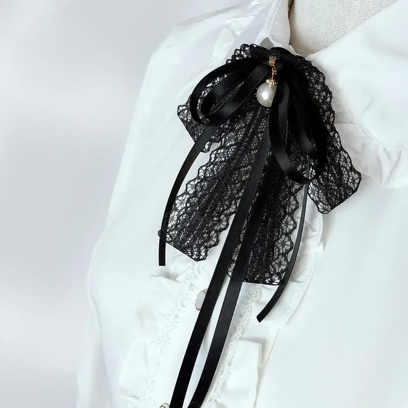 Fashion Black Lace Ribbon Bow Tie Pearl Pendant Brooch Women Shirt Collar Clothes Necktie Decoration Accessories