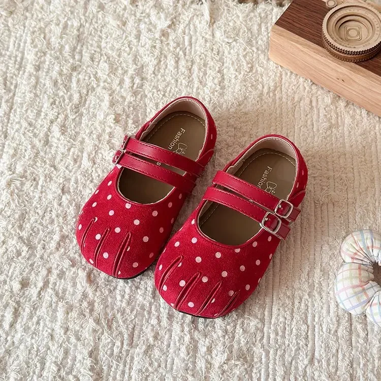 Toddler Polka Dot Mary Jane Shoes, Girls Retro Double Buckle Strap Flat Shoes, Cute Split Toe Non-Slip Soft Sole Princess Dress