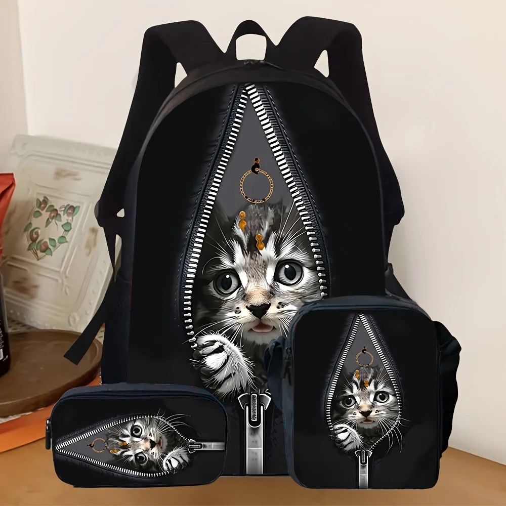 

3pcs [2D Flat] Cute Cat Print Backpack Set School Backpack with Pencil Case & Small Bag, Stylish Casual Daypack for Daily, Trave
