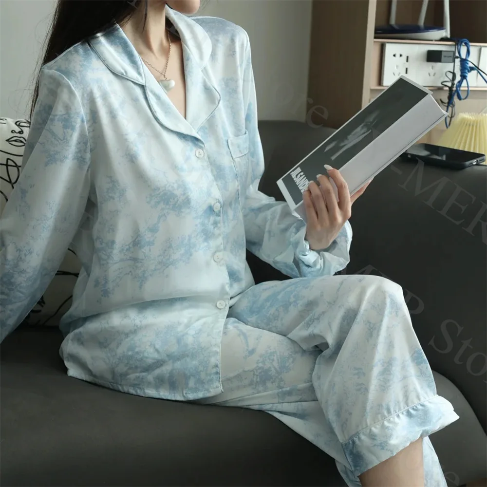 Blue Print Pajamas Suit Long Sleeve Nightwear Lady Luxury Pyjamas Shirt&pants Ice Silk Sleep Suit Summer Spring Home Clothing