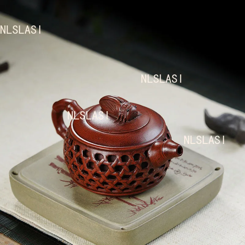 

280ml Purple Clay Hollowed Out Teapot Bamboo Woven Tea Pot Chinese Cicada Chirping Antique Teapot Household Yixing Teapot