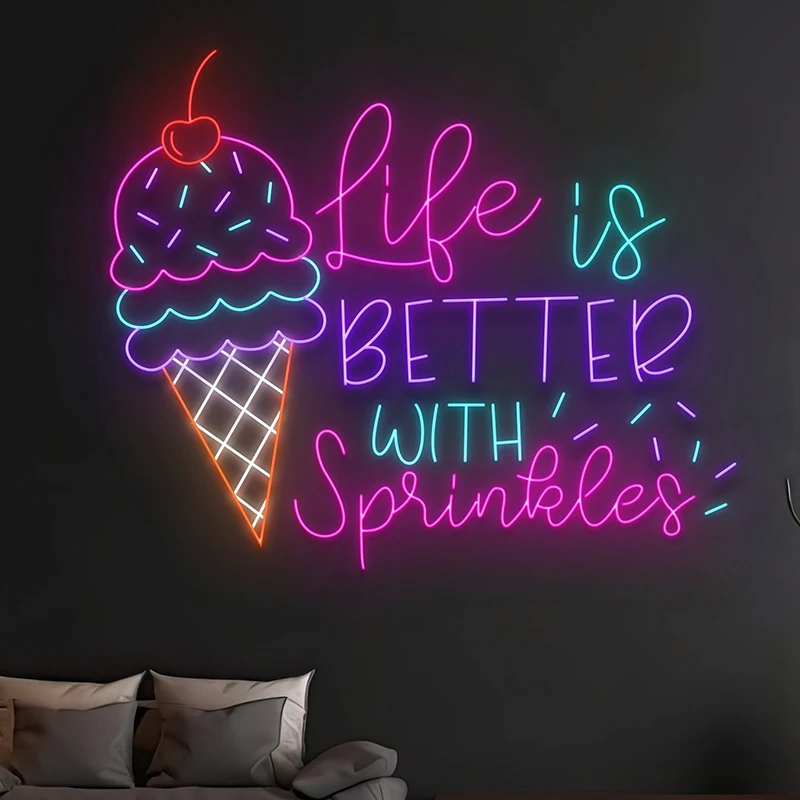 

Custom Life Is Better with Sprinkles Ice Cream Neon Sign Ice Cream Cone Neon Signs Quote Name LED Light Cafe Shop Sprinkles Neon