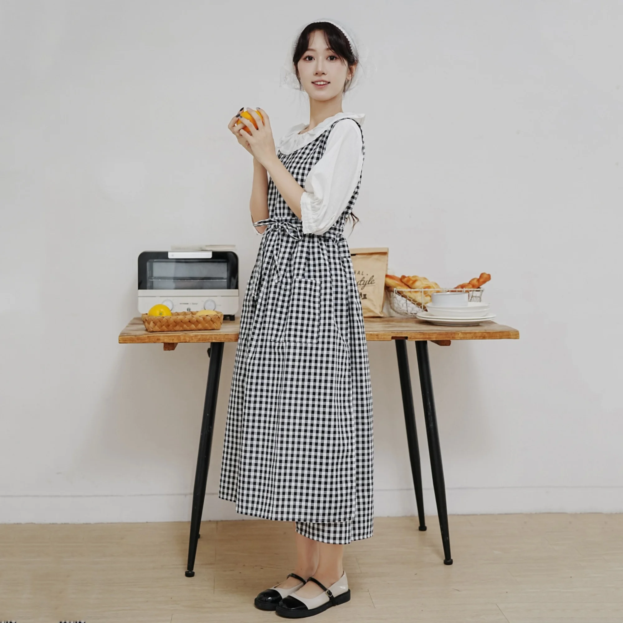 Korean style large size cotton side slit lace up plaid apron,one size,pockets,pleated,anti-fouling,for household,work,outdoor