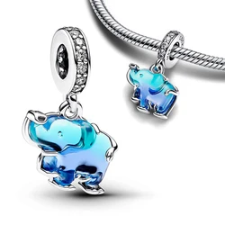 2024 New Blue Murano Glass Elephant Dangle Charm Fit Pan Original Bracelet DIY Women Summer Jewelry Gift Enamel Beads