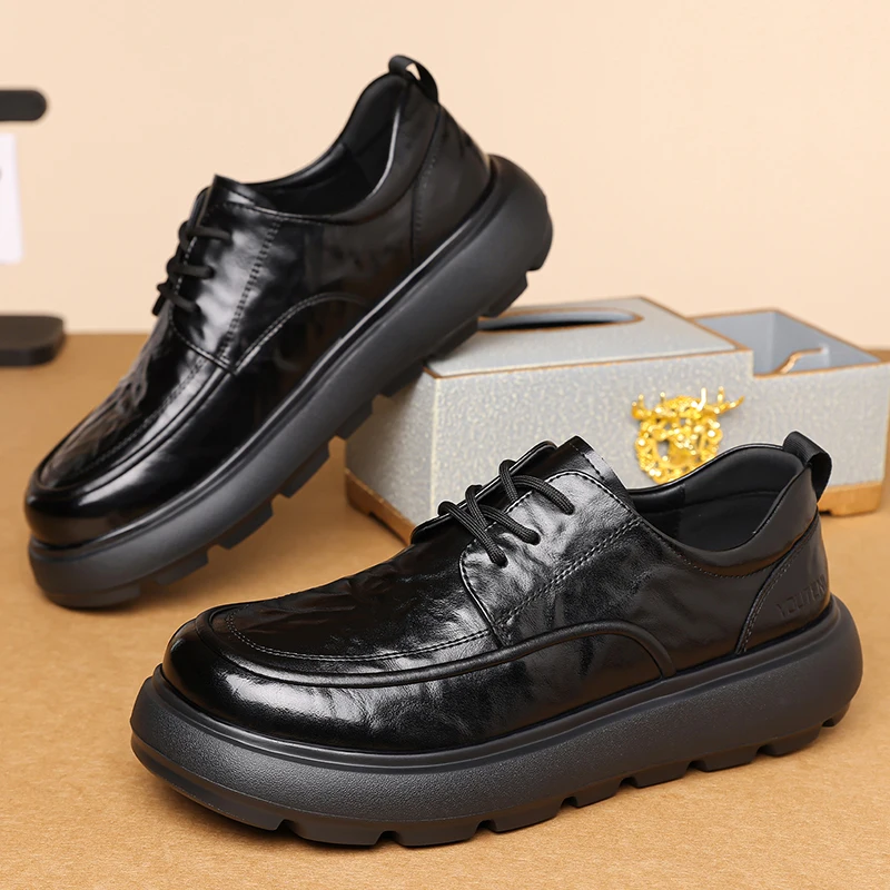 Новая мужская повседневная деловая обувь, прочная кожаная обувь ручной работы на толстой подошве, качественные туфли дерби, официальная обувь