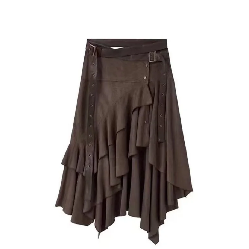 Damska Brązowa Spódnica Midi Długa Y2K Harajuku High Street Moda Uliczna Vintage Retro Elegancka Spódnica Odzież Damska 2025