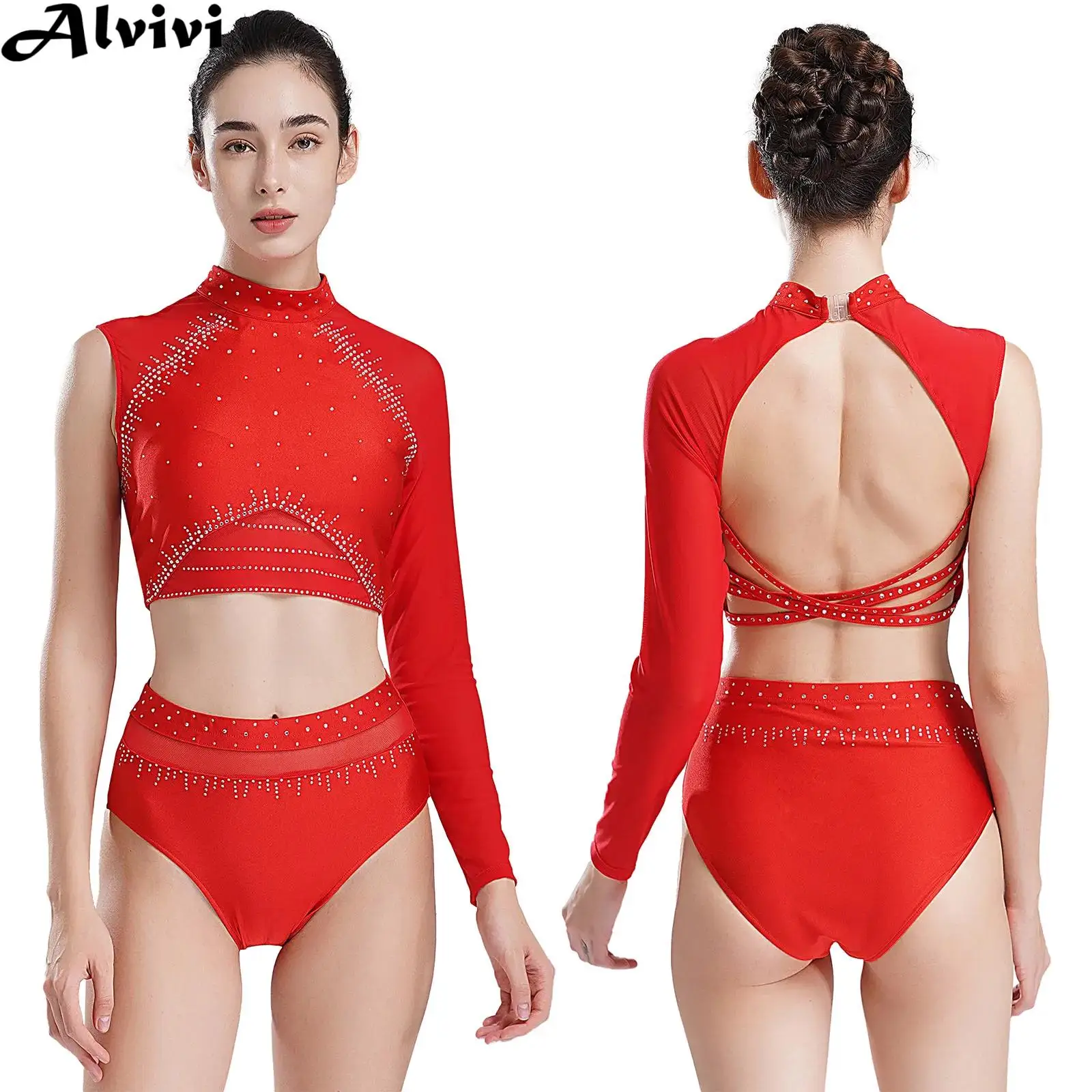 Women Figure Skating Costume Shiny Rhinestones Mesh Crop Top with Briefs Set for Ballet Dance Gymnastics Acrobatics Performance