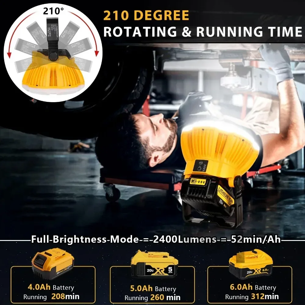 24W 2400LM LED Work Light for Dewalt 18V 20V Batteries Rechargeable Portable Light with Hook for Tent Workplace Ceiling Lighting