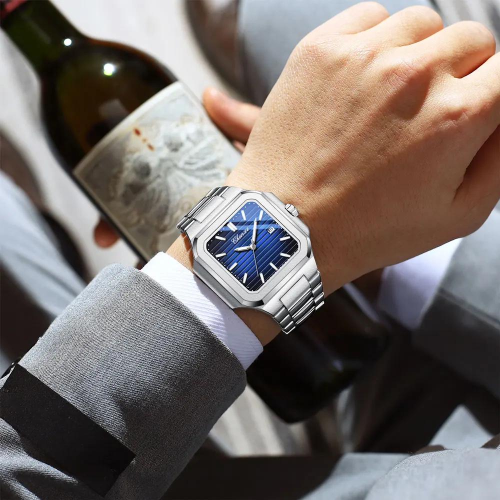ساعة CHENXI الفاخرة للرجال كوارتز مربعة من الفولاذ المقاوم للصدأ مقاومة للماء وتاريخ مضيء كاجوال لساعة الذكور
