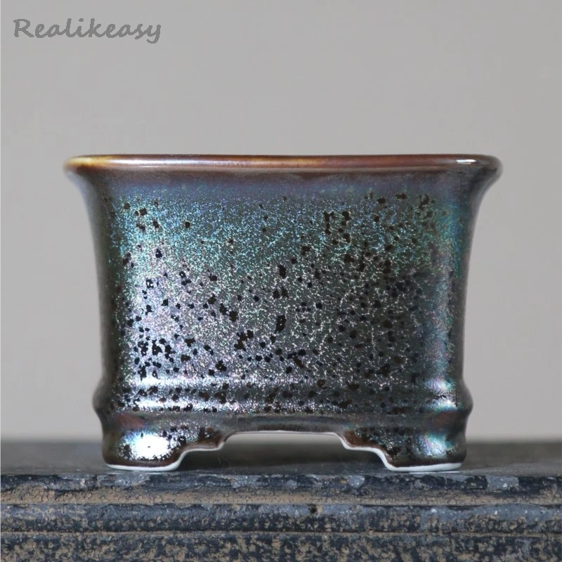 Chinese Yixing Retro Desktop Decorative Purple Clay Flower Pot Home Square Ceramic Bonsai Pot Glazed Succulent Flower Pot LI249