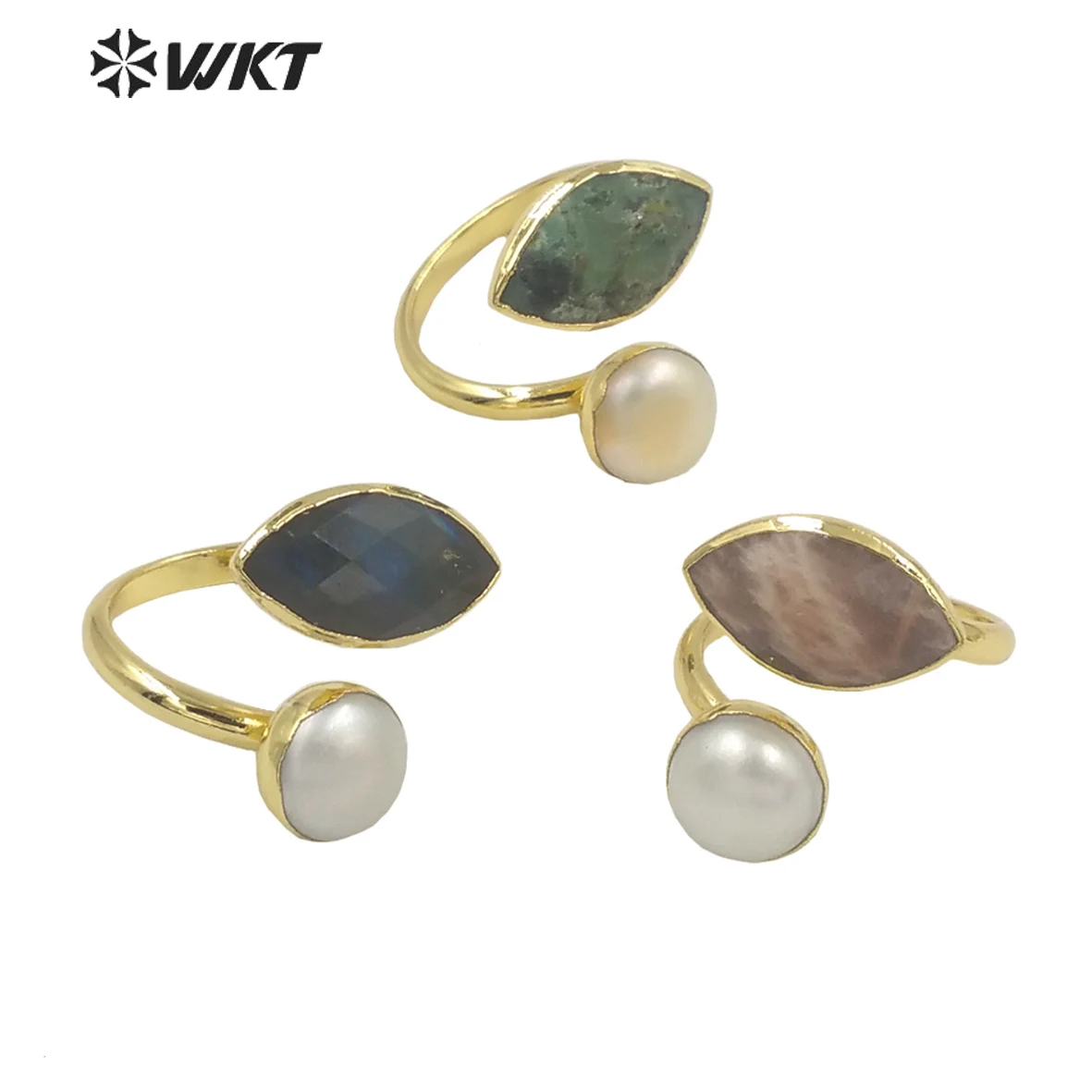 WT-R406 WKT unique design fashion double stone and Pearl Ring office elegant style eye shape stone gold Ring in adjustable