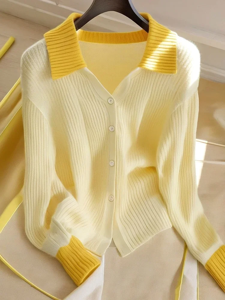 Yellow Knitted Cardigan Sweater Women Clothing Spring and Autumn Polo Neck Casual Slim Autumn Sweet Chic Knit Shirt Women Top