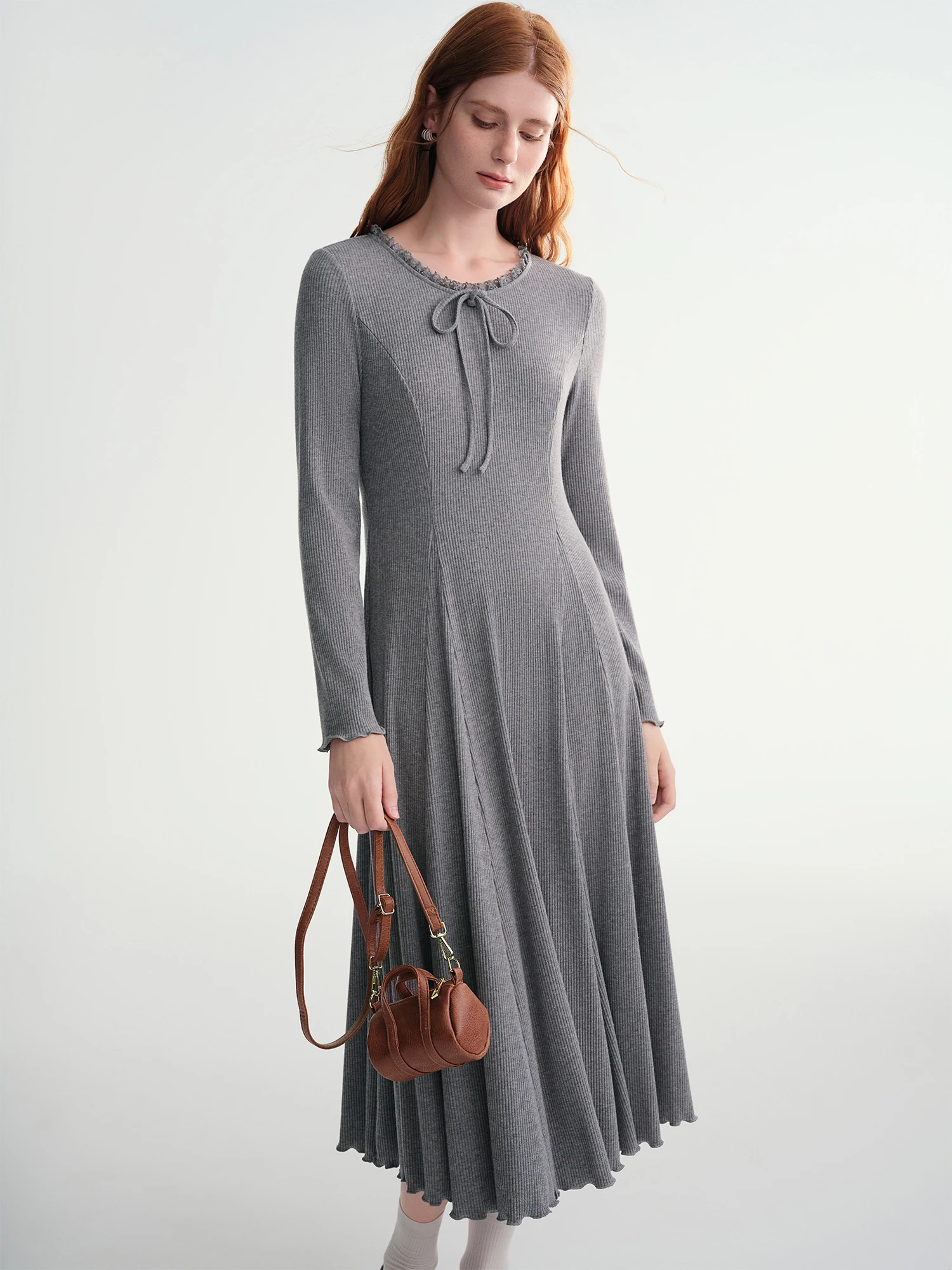 DUSHU Vestido feminino maxi com gola redonda e painel de renda slim fit – Vestido longo bodycon elegante e versátil em camadas para uso diário ​