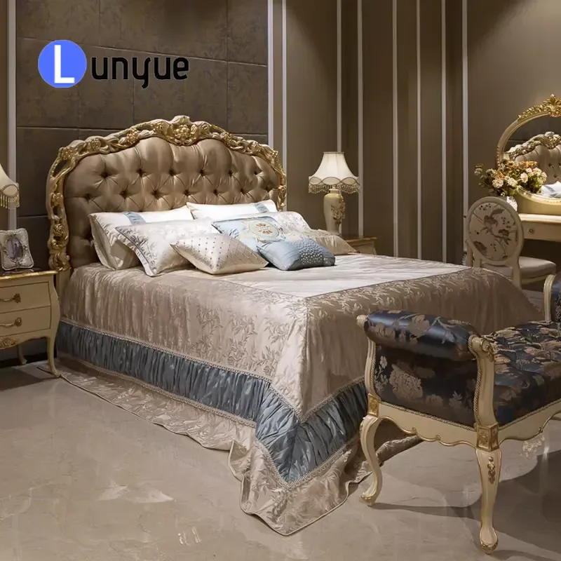 Luxury French Style King Size Wooden Bed Classic Bedroom Furniture Set High Quality Solid Wood Frame Elegant Home Decor