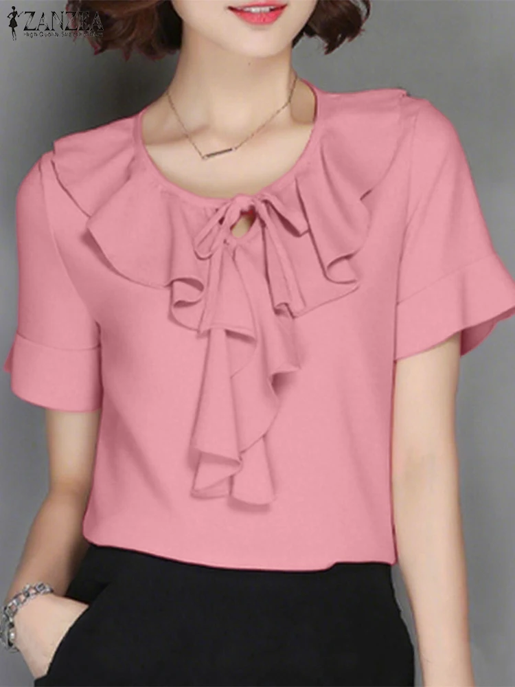 ZANZEA 여성 여름 탑 캐주얼 러플 블라우스 빈티지 레이스 업 블라우스 2025 패션 솔리드 컬러 튜닉 오버 사이즈