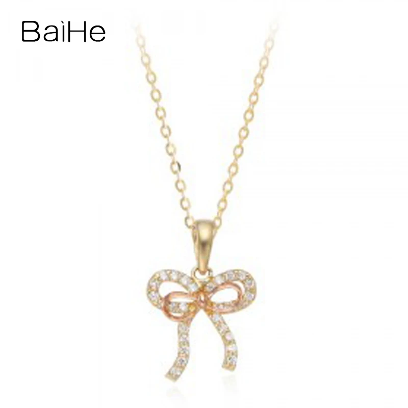 

BAIHE Solid 14K Yellow+Rose Gold H/SI Natural Diamond bowknot Pendent Necklace Women Trendy Fine Jewelry Making collar de lazo