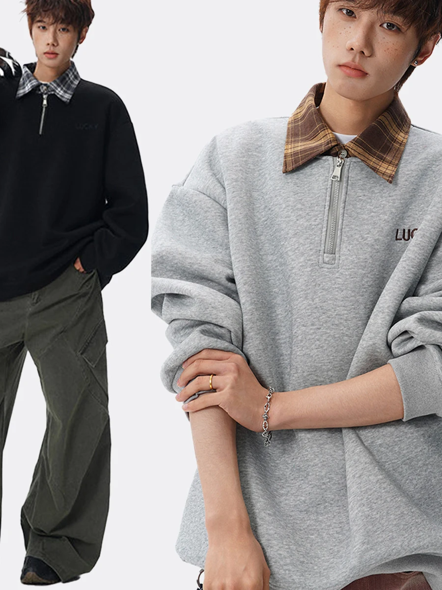 

American Sle Sweatirt Men Spring Break Two-Piece Plaid Casual Outerwear Trendy Loose Couple Turn-down Collar Top