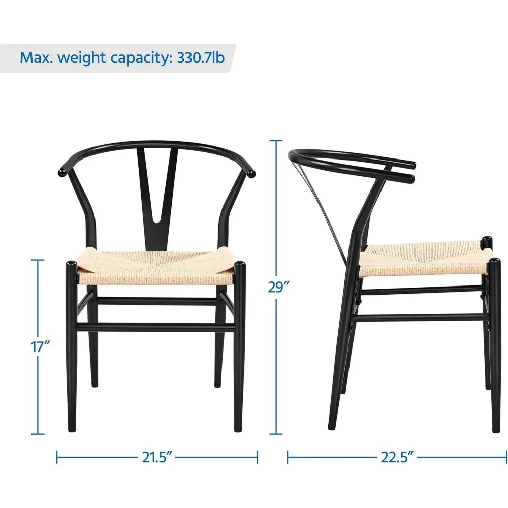 Een Set Van 2 Geweven Stoelen, Metalen Eetkamerstoelen, Y-Vormige Rugleuning, Linnen Stoelen, Blacklmyx