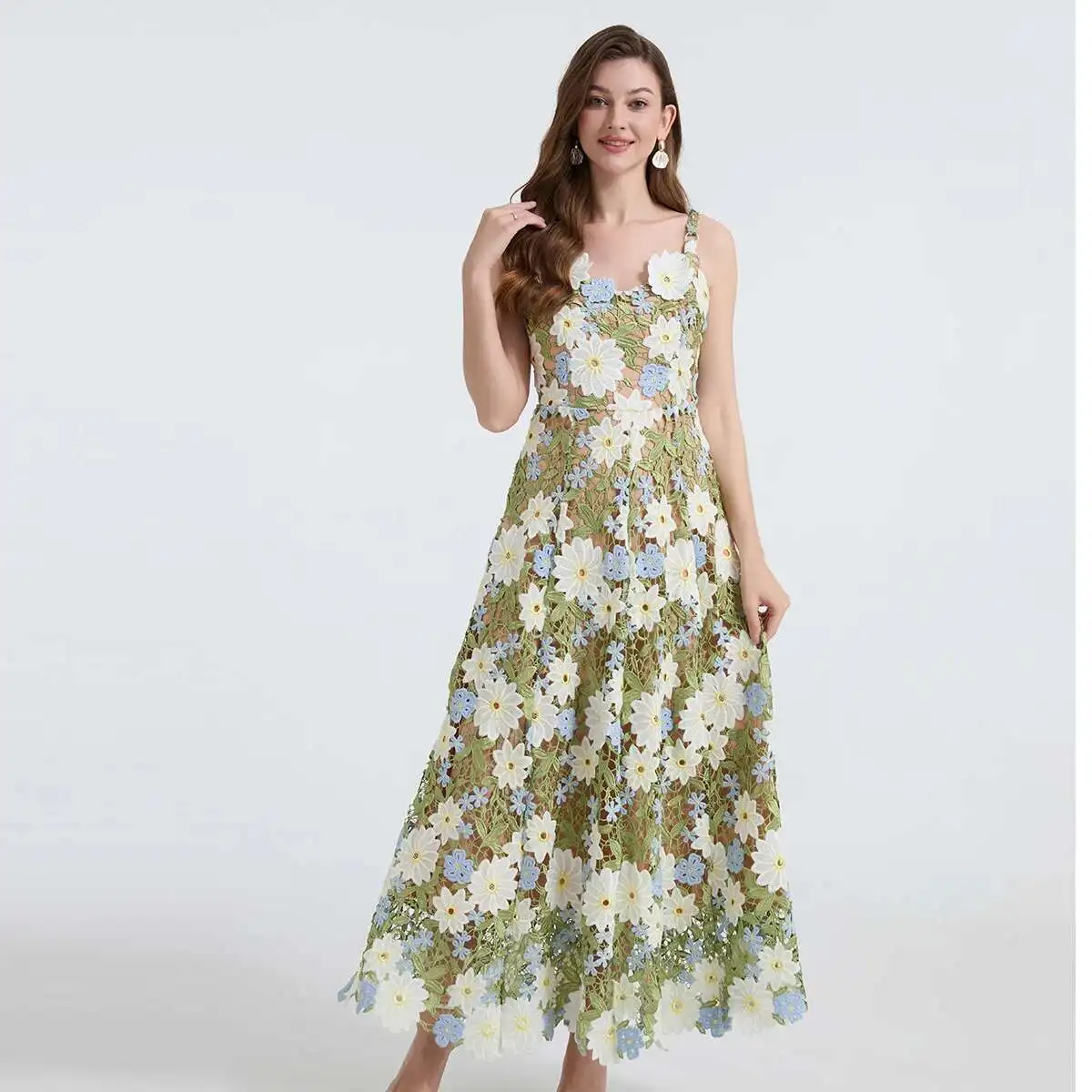 

Luxury Hollow Out Sling Sundress Summer 3D Flower Long Maxi Prom Evening Dresses Women Embroidery Backless Fancy Party Robe