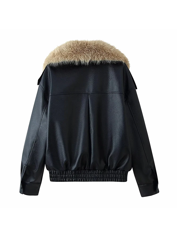 Jaquetas Femininas com Gola de Pele Sintética, Casaco Vintage de Inverno, Moda Quente, Jaquetas Bomber de Couro Sintético Soltas, Look Chic para Mulheres