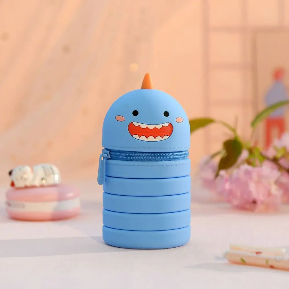 3D Little Dinosaur Pencil Case Kawaii Large Capacity Retractable Pencil Bag Cartoon Cute Silicone Stationery Box Office