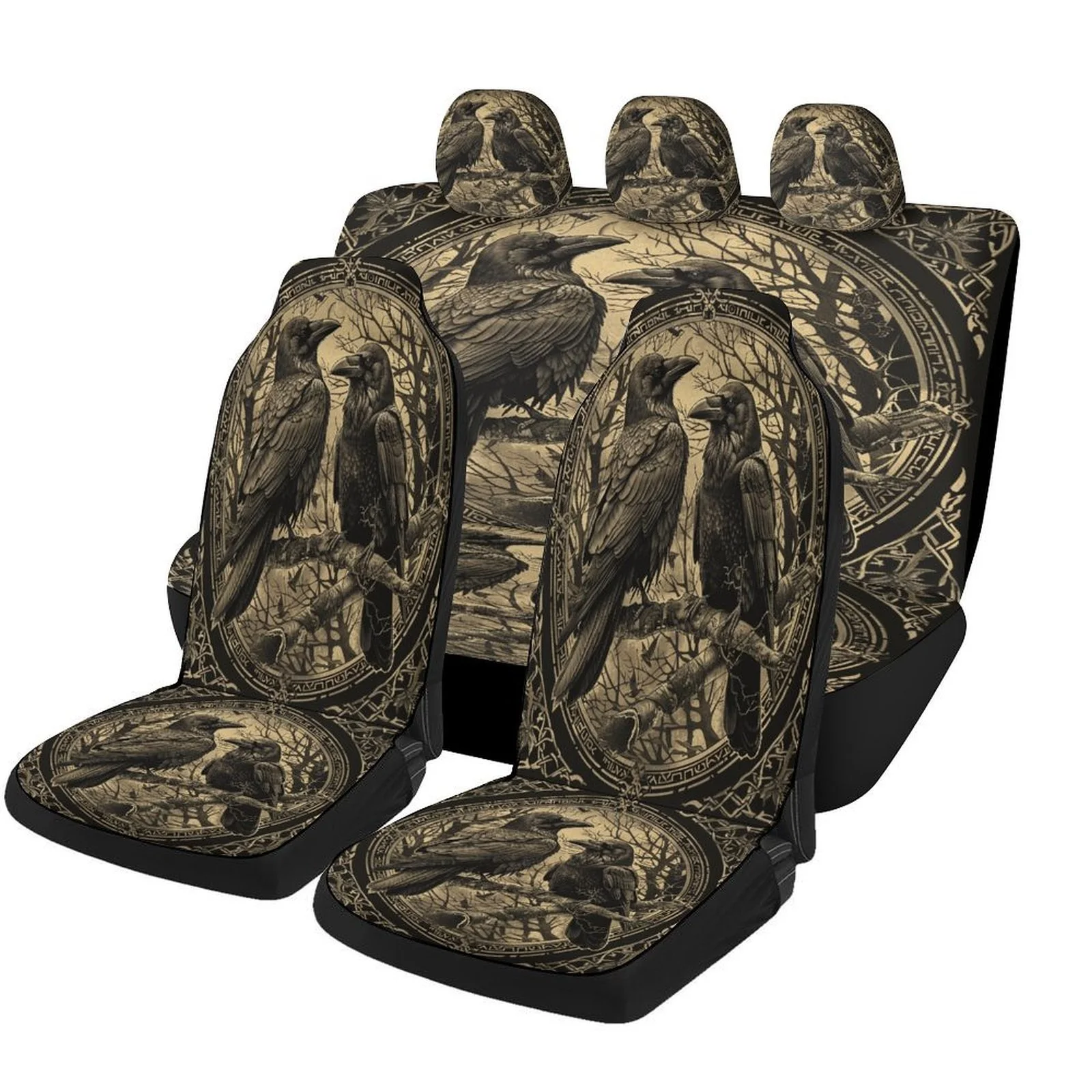 Set Of Car Seat Covers Featuring A Raven Circle Design, Suitable For Various Vehicles. Stylish And Breathable, These Decorative