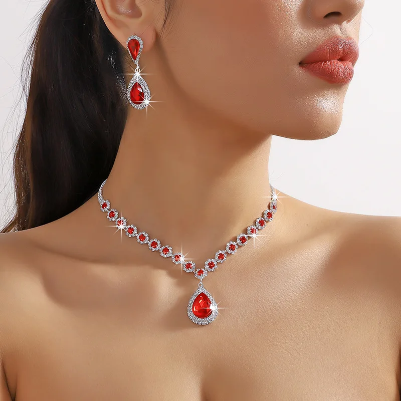 FYUAN Luxury Red Green Blue Crystal Necklace Earrings For Women Water Drop Pendant Wedding Bride Jewelry Sets